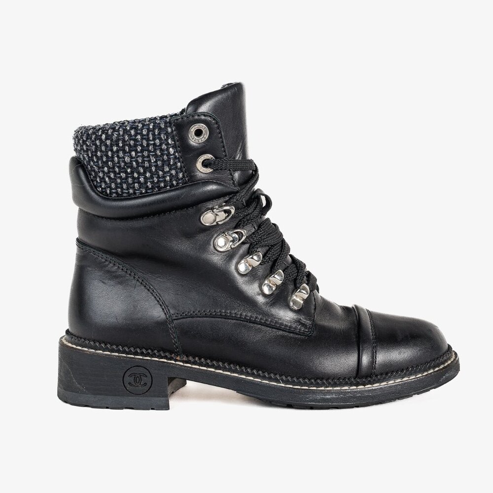 Chanel 15A Black Leather Tweed-Trim Lace-Up Short Boots, Size 6